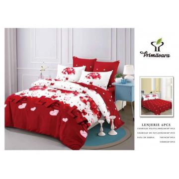 Lenjerie Din Bumbac Tip Finet 6 Piese Pentru Pat Dublu, Love Red White