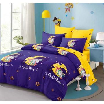 Lenjerie Din Bumbac Tip Finet 6 Piese Pentru Pat Dublu, On The Moon Unicorn