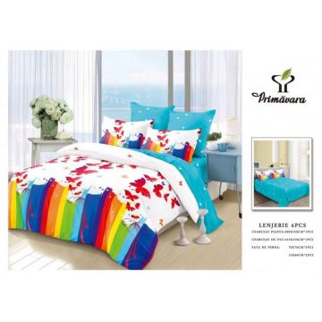 Lenjerie Din Bumbac Tip Finet 6 Piese Pentru Pat Dublu, Rainbow Butterflies