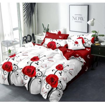 Lenjerie Din Bumbac Tip Finet 6 Piese Pentru Pat Dublu, Red roses