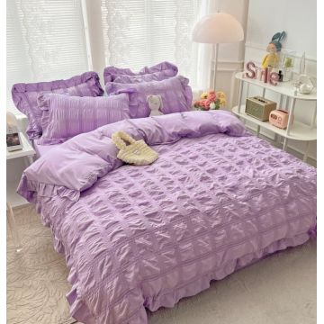 Set Lenjerie de Pat 2 Persoane Bumbac Finet Creponata Uni cu Volanase, 6 Piese - Purple