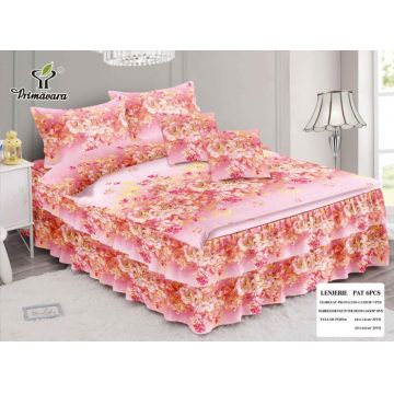 Set Lenjerie de Pat Bumbac Finet cu Volanase, 6 Piese, Pat 2 Persoane, Floral Roz