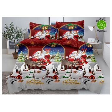 Set Lenjerie De Pat Craciun 6 Piese Pat 2 Persoane, Happy Merry Christmas