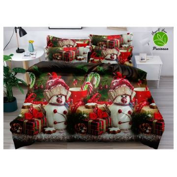 Set Lenjerie De Pat Craciun 6 Piese Pat 2 Persoane, Snowman With Gifts