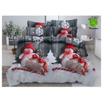 Set Lenjerie De Pat Craciun 6 Piese Pat 2 Persoane, Snowman With Red Hat