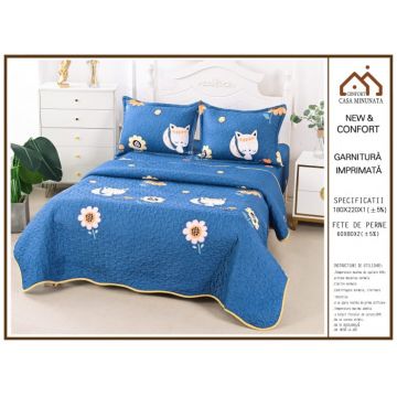 Cuvertura 3 Piese Din Bumbac Matlasat Cu Doua Fete - Foxy Blue