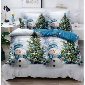 Lenjerie De Pat 1 Persoana, 4 Piese - Blue Happy Snowman