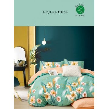 Lenjerie De Pat 1 Persoana, 4 Piese, Bumbac Finet - Verde Cu Flori