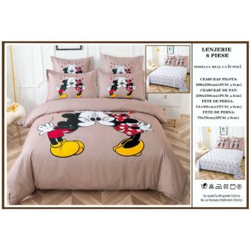 Lenjerie De Pat Finet Premium Pat Dublu - Minnie Mickey Kiss Bej