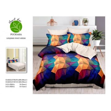 Lenjerie Din Bumbac Tip Finet 6 Piese Pentru Pat Dublu - Geometric Multicolor