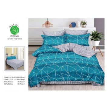 Lenjerie Din Bumbac Tip Finet 6 Piese Pentru Pat Dublu - Geometric Turcoaz