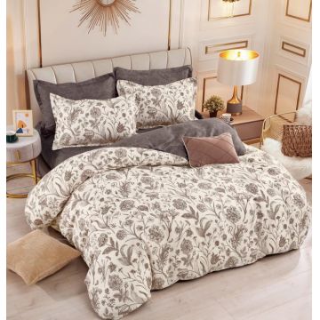 Lenjerie Din Bumbac Tip Finet 6 Piese Pentru Pat Dublu - Grey Flowers