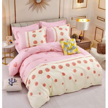 Lenjerie Din Bumbac Tip Finet 6 Piese Pentru Pat Dublu - Pink Flowers