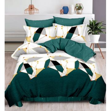 Lenjerie Din Bumbac Tip Finet 6 Piese Pentru Pat Dublu - Verde Geometric