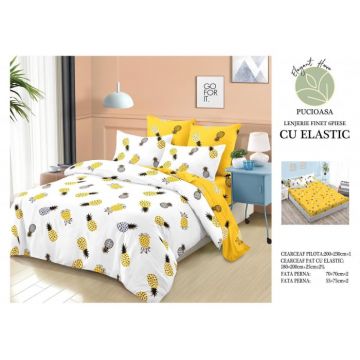 Lenjerie Pat Dublu, Bumbac Finet, 6 Piese, CU ELASTIC - Ananas