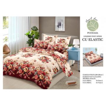 Lenjerie Pat Dublu, Bumbac Finet, 6 Piese, CU ELASTIC - Bujori