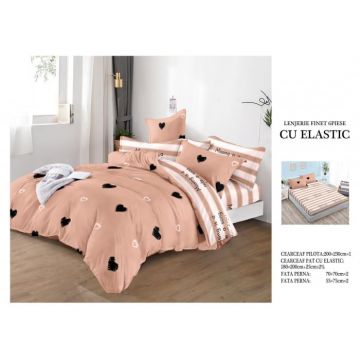 Lenjerie Pat Dublu, Bumbac Finet, 6 Piese, CU ELASTIC - Crem Cu Inimioare