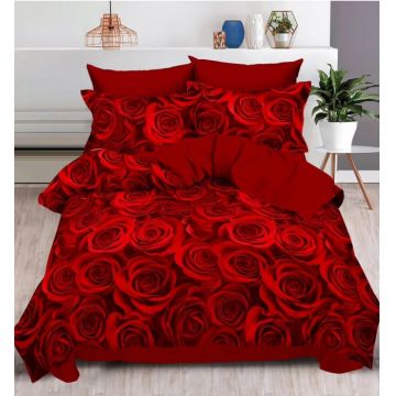 Lenjerie Pat Dublu, Bumbac Finet, 6 Piese, CU ELASTIC - Red Roses