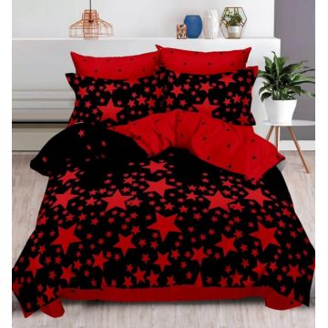 Lenjerie Pat Dublu, Bumbac Finet, 6 Piese, CU ELASTIC - Red Stars