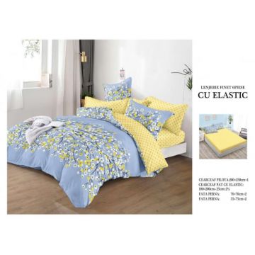 Lenjerie Pat Dublu, Bumbac Finet, 6 Piese, CU ELASTIC - Skye Blue Yellow