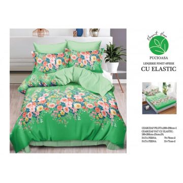 Lenjerie Pat Dublu, Bumbac Finet, 6 Piese, CU ELASTIC - Verde Floral