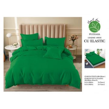 Lenjerie pat dublu, cu elastic, 6 piese - Uni Green