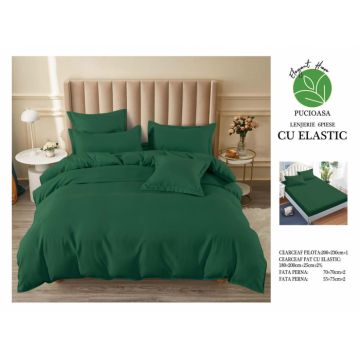 Lenjerie pat dublu, cu elastic, 6 piese - Uni Verde Inchis