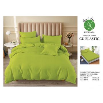 Lenjerie pat dublu, cu elastic, 6 piese - Uni Verde