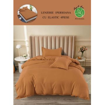 Lenjerie pat single, BUMBAC FINET, 4 piese, cu ELASTIC - Uni Camel