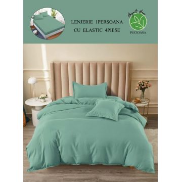 Lenjerie pat single, BUMBAC FINET, 4 piese, cu ELASTIC - Uni Verde Deschis