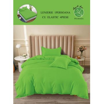 Lenjerie pat single, BUMBAC FINET, 4 piese, cu ELASTIC - Uni Verde Intens