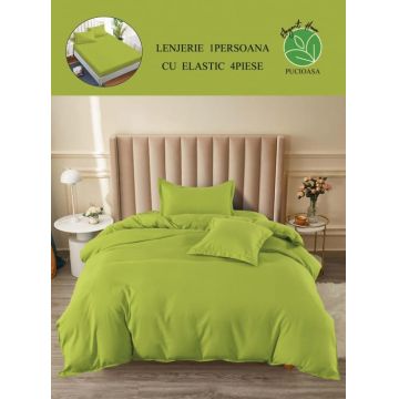 Lenjerie pat single, BUMBAC FINET, 4 piese, cu ELASTIC - Uni Verde