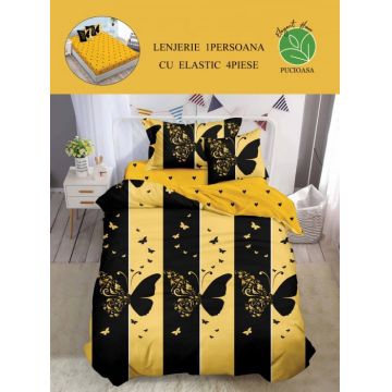 Set Lenjerie De Pat 1 Persoana, 4 piese, cu ELASTIC - Black Yellow