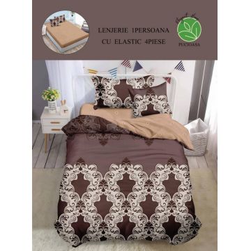 Set Lenjerie De Pat 1 Persoana, 4 piese, cu ELASTIC - Brown Royal