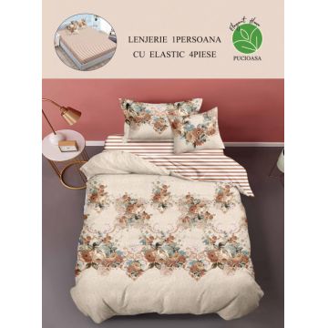 Set Lenjerie De Pat 1 Persoana, 4 piese, cu ELASTIC - Floral