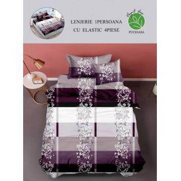 Set Lenjerie De Pat 1 Persoana, 4 piese, cu ELASTIC - Purple Royal