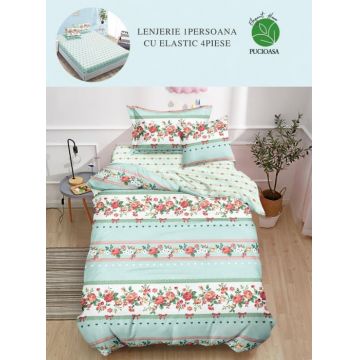 Set Lenjerie De Pat 1 Persoana, 4 piese, cu ELASTIC - Verde Menta