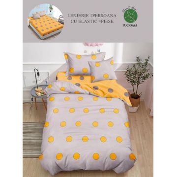 Set Lenjerie De Pat 1 Persoana, 4 piese, cu ELASTIC - Yellow Dots