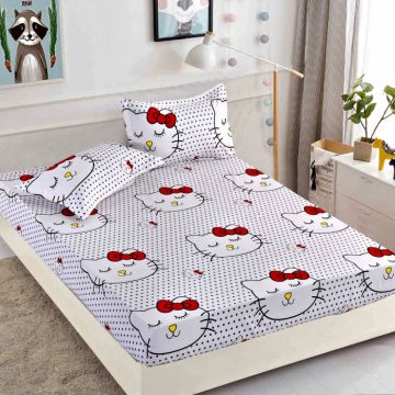 Husa de pat cu elastic din Bumbac Finet + 2 Fete de Perna, Hello Kitty