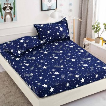 Husa de pat cu elastic din Bumbac Finet + 2 Fete de Perna, Stelute Albe