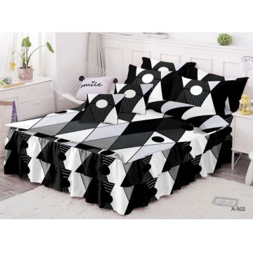 Lenjerie Pat Dublu, Bumbac Finet cu Volanase, 6 Piese - Carouri Black White