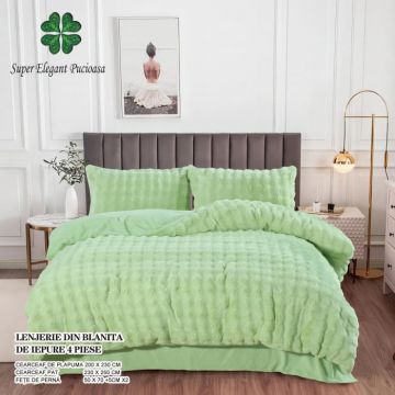 Lenjerie pat dublu, cu Blanita artificiala de Iepure, 4 piese - Verde