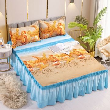 Set Cearceaf de Pat cu Volanase si 2 Fete de Perne, Bumbac Tip Finet, Pat 2 Persoane, Bleu Bej,Blue Sea
