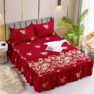 Set Cearceaf de Pat cu Volanase si 2 Fete de Perne, Bumbac Tip Finet, Pat 2 Persoane, Bordo