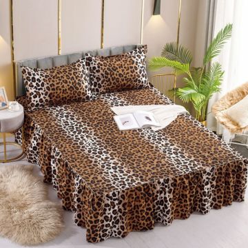 Set Cearceaf de Pat cu Volanase si 2 Fete de Perne, Bumbac Tip Finet, Pat 2 Persoane, Maro, Leopard