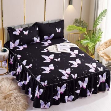 Set Cearceaf de Pat cu Volanase si 2 Fete de Perne, Bumbac Tip Finet, Pat 2 Persoane, Negru Mov, Butterflies