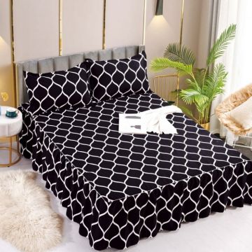 Set Cearceaf de Pat cu Volanase si 2 Fete de Perne, Bumbac Tip Finet, Pat 2 Persoane, Negru