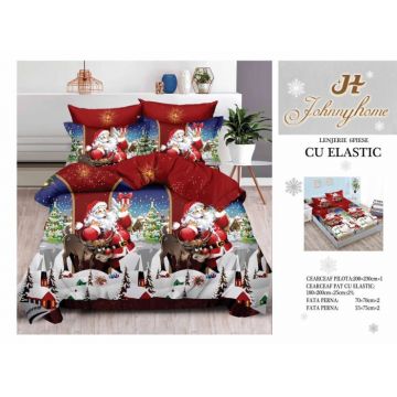 Set Lenjerie De Pat Craciun, Cu elastic, 6 Piese Pat 2 Persoane, Christmas Collection