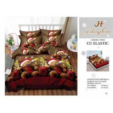 Set Lenjerie De Pat Craciun, Cu elastic, 6 Piese Pat 2 Persoane, Christmas Collection