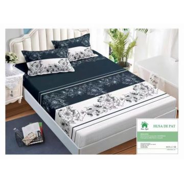 Husa de pat cu elastic 140x200 din Bumbac Finet + 2 Fete de Perna - Bleumarin Alb